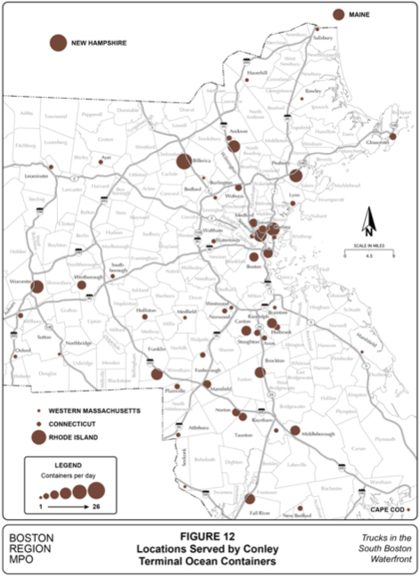 map showing the locations that receive ocean containers from Conley Terminal.